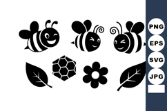 Cute happy bees flying around flower and leaves with honeyco Product Image 1