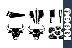 Butcher tools with bull heads and meat cuts vector collectio Product Image 1