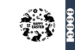 Easter rabbits with flowers leaves and eggs round frame holi Product Image 1