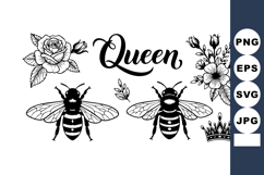 Queen text with two bees floral rose and flower crown vector Product Image 1