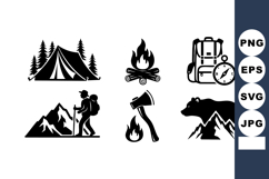 Camping and hiking icons with tent campfire backpack axe bea Product Image 1