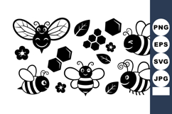 Cute bees honeycomb flowers and leaves vector set for nature Product Image 1