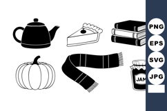 Cozy kitchen items with teapot, pie slice, books, pumpkin, s Product Image 1