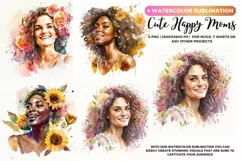 4 Happy Moms with flowers Portrait | Mother's day Watecolor Product Image 1