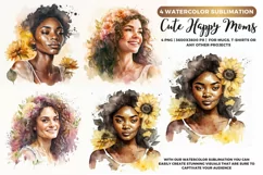 4 Happy Moms with flowers Portrait | Mother's day Watecolor Product Image 1