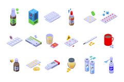 Antiviral medicines icons set isometric vector. Covid Product Image 1