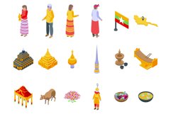 Myanmar icons set isometric vector. Burma landmark Product Image 1