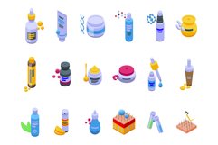 Cosmetics with collagen icons set isometric vector. Liquid Product Image 1