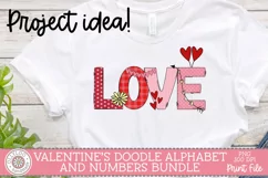 Hand drawn doodle letters spelling love with hand drawn Clipart on a white shirt mockup 