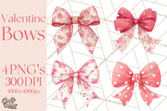 Valentine Bow Clipart PNG, Cute Pastel Bows, Heart Pattern Product Image 1