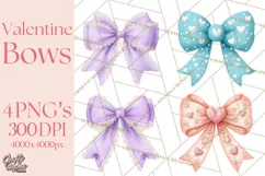 Valentine Bow Clipart PNG, Cute Pastel Bows, Heart Pattern Product Image 1