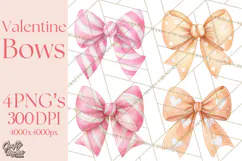 Valentine Bow Clipart PNG, Cute Pastel Bows, Heart Pattern Product Image 1