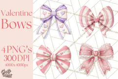 Valentine Bow Clipart PNG, Cute Pastel Bows, Heart Pattern Product Image 1