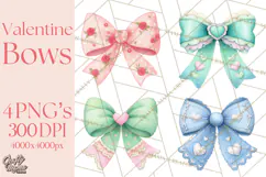 Valentine Bow Clipart PNG, Cute Pastel Bows, Heart Pattern Product Image 1