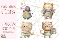 Valentine Cat Clipart PNG, Cute Valentine Cats, Kids Product Image 1
