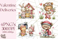 Woodland Critter Valentine Clipart, Forest Animal Post Png Product Image 1