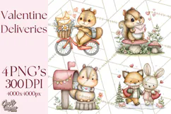 Woodland Critter Valentine Clipart, Forest Animal Post Png Product Image 1