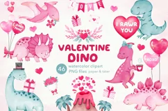 Valentines Dinosaurs Watercolor Clipart, Love Dino PNG Product Image 1