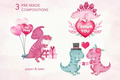 Valentines Dinosaurs Watercolor Clipart, Love Dino PNG Product Image 6
