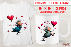 Cute Valentine clipart Elderly lady with balloon Hearts PNG Product Image 1