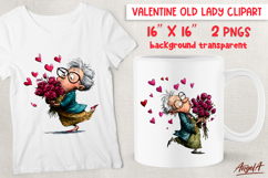 Cute Valentine clipart Elderly lady with bouquet of flowers Product Image 1