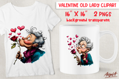 Single Valentine old lady clipart with red rose, red hearts Product Image 1