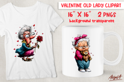 Single Valentine clipart Sad old lady with a rose and taddy Product Image 1