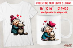 Single Valentine clipart Cute Elderly lady in love with cat Product Image 1