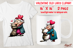 Single Valentine clipart Cute Elderly lady hugs cat PNG Product Image 1