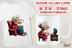 Single Valentine clipart elderly lady watching TV, popcorn Product Image 1