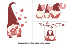 Cute Valentine gnome holding love envelope surrounded by hearts, perfect for cards and stickers.