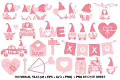 Valentine gnomes clipart bundle with pink love themed graphics for crafting projects