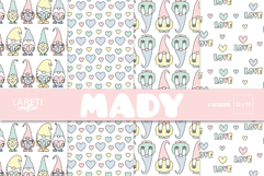 Cute Valentine digital paper with pastel gnomes, hearts, and love lettering patterns for crafts and scrapbooking.