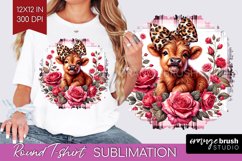 Valentine Highland Cow Round Tshirt Background - Valentines Product Image 1