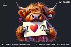 Romantic Highland cow I love you clipart, valentine PNG Product Image 2