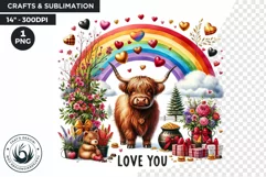Valentine Highland cow with love you and rainbow clipart Product Image 1