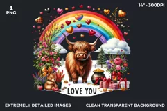 Valentine Highland cow with love you and rainbow clipart Product Image 2