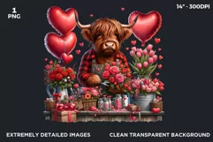 Valentine Highland cow clipart, Flower shop Transparent PNG Product Image 2