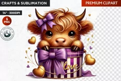 Valentine Highland cow in bucket clipart, valentines day png Product Image 1