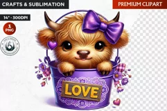 Valentine Highland cow in bucket clipart, valentines day png Product Image 1