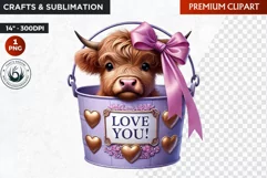 Valentine Highland cow in bucket clipart, valentines day png Product Image 1