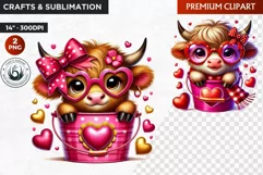 Valentine Highland cow in bucket clipart, valentines day png Product Image 1