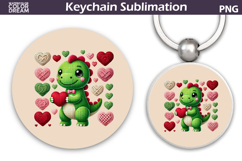 Valentine Dinosaur Round Keychain | Valentine Key Ring Product Image 1