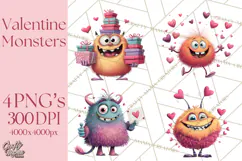 Valentine Monster Clipart PNG, Cute Valentine Monsters, Kids Product Image 1