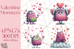 Valentine Monster Clipart PNG, Cute Valentine Monsters, Kids Product Image 1