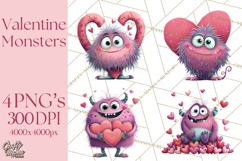 Valentine Monster Clipart PNG, Cute Valentine Monsters, Kids Product Image 1