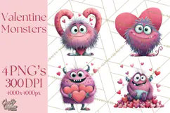 Valentine Monster Clipart PNG, Cute Valentine Monsters, Kids Product Image 1