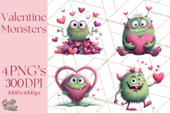 Valentine Monster Clipart PNG, Cute Valentine Monsters, Kids Product Image 1