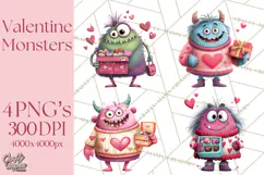 Valentine Monster Clipart PNG, Cute Valentine Monsters, Kids Product Image 1