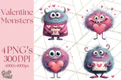 Valentine Monster Clipart PNG, Cute Valentine Monsters, Kids Product Image 1